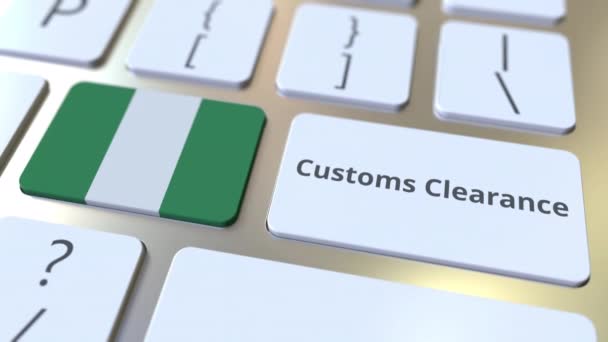 计算机键盘上的结关文字和尼日利亚国旗。 进口或出口相关概念3D动画 — 图库视频影像