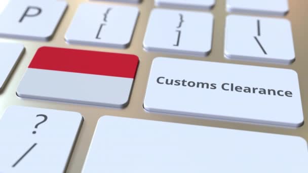 ADUANEIRO CLEARANCE texto e bandeira da Indonésia nos botões no teclado do computador. Importar ou exportar animação conceitual 3D relacionada — Vídeo de Stock