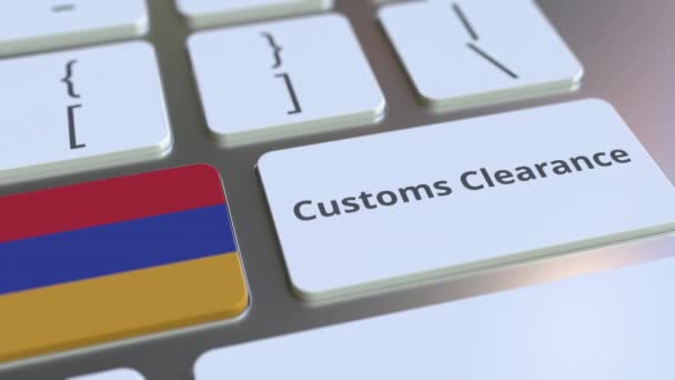 LIMPIEZA ADUANERA texto y bandera de Armenia en los botones del teclado del ordenador. Importar o exportar animación conceptual 3D relacionada — Vídeo de stock