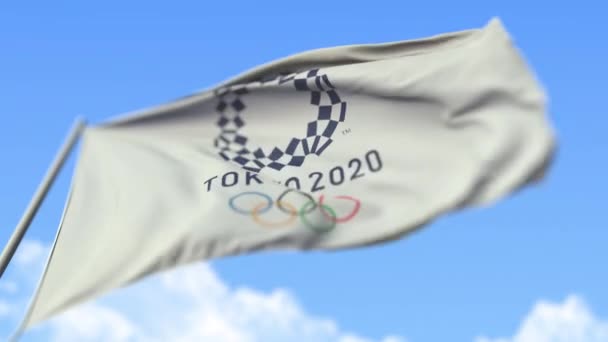 Bandera ondeando con el logo de los Juegos Olímpicos de Tokio 2020. Editorial loopable animación en cámara lenta 3D — Vídeos de Stock