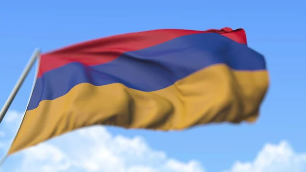 Flying national flag of Armenia, low angle view. Representación 3D realista — Foto de Stock