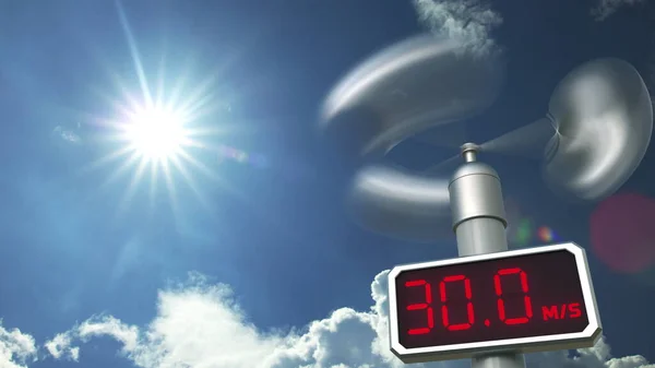 Anemômetro exibe 30 metros por segundo velocidade do vento. Previsão meteorológica renderização 3D relacionada — Fotografia de Stock