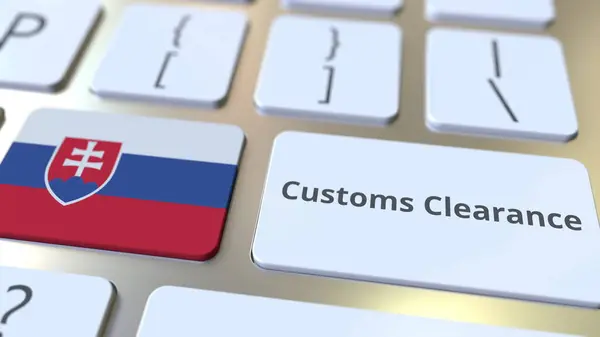 Текст та прапор Словаччини на кнопках комп'ютерної клавіатури. Імпорт або експорт пов'язаний концептуальний 3d рендеринг — стокове фото