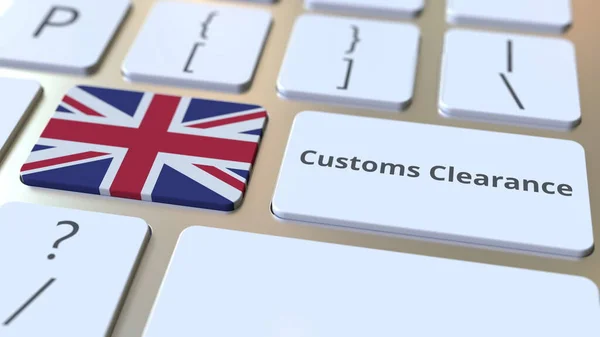 LIMPIEZA ADUANERA texto y bandera de Gran Bretaña en los botones del teclado de la computadora. Importar o exportar renderizado conceptual 3D — Foto de Stock