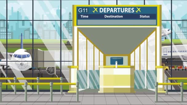 Gerbang bandara. Papan keberangkatan dengan teks Barcelona. Travel to Spain related loopable cartoon animation — Stok Video