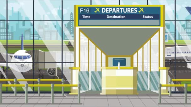 Flug nach Dallas an Bord des Flughafenabflugs. Reise in die Vereinigten Staaten lückenhafte Zeichentrickanimation — Stockvideo