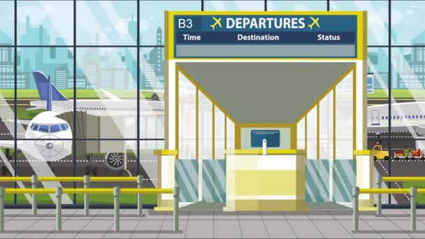 Puerta del aeropuerto. Tablero de salida con texto de Las Vegas. Viajes a los Estados Unidos relacionados con la animación de dibujos animados loopable — Vídeos de Stock