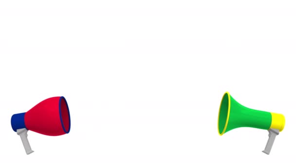 Beszédbuborékok Brazília és az Egyesült Királyság zászlóival és hangszórókkal. Kultúrák közötti párbeszéd vagy nemzetközi tárgyalások a 3D-s animációval kapcsolatban — Stock videók