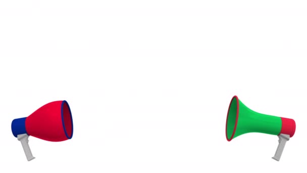 Флаги Италии и Великобритании на речевых шарах из мегафонов. Межкультурный диалог или международные переговоры о 3D анимации — стоковое видео