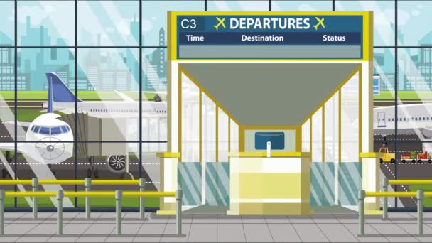 Terminal del aeropuerto. Tablero de salida sobre la puerta con texto de Sao Paulo. Viaje a Brasil animación de dibujos animados loopable — Vídeo de stock