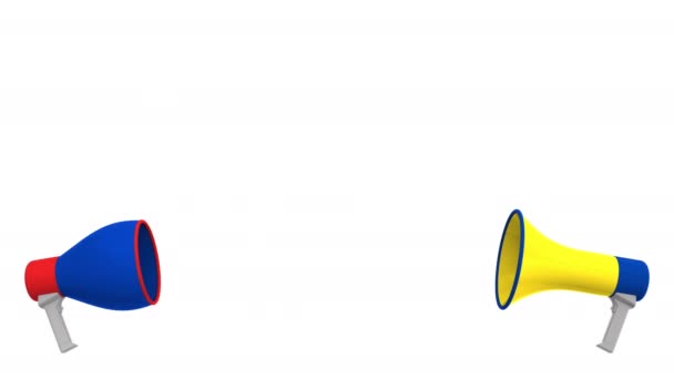 Bandeiras da Colômbia e da Rússia em bolhas de fala com alto-falantes. Diálogo intercultural ou palestras internacionais relacionadas animação 3D — Vídeo de Stock