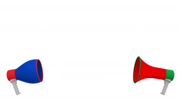 Прапори "Уе" і "Росія" на мовній кулі з мегафонів. Міжкультурний діалог або міжнародні розмови пов'язані 3d анімації — стокове відео