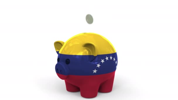 Монеты попадают в копилку, расписанную флагом Венесуэлы. Национальная банковская система или связанная с ней концептуальная 3D анимация — стоковое видео