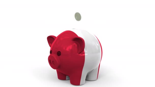 Paralar, Peru bayrağıyla boyanmış domuz kumbarasına düşer. Ulusal bankacılık sistemi veya tasarrufla ilgili kavramsal 3d animasyonu — Stok video