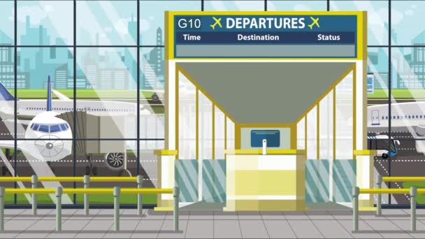 Flygplats terminal. Avgångskort ovanför grinden med San Diego-text. Resor till USA loopable tecknad animation — Stockvideo