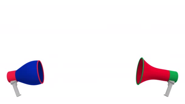 Прапори Сирії та Франції про мову бульбашки з гучномовцями. Міжкультурний діалог або міжнародні розмови пов'язані 3d анімації — стокове відео