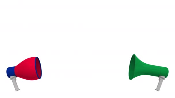 Флаги Саудовской Аравии и Великобритании на речевых шарах из мегафонов. Межкультурный диалог или международные переговоры о 3D анимации — стоковое видео