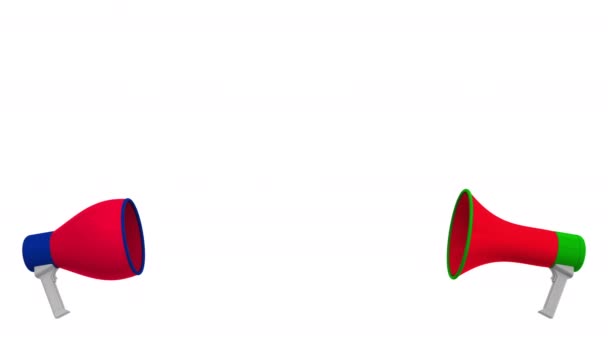 Прапори Омана і Сполученого Королівства на мовній кулі з мегафонів. Міжкультурний діалог або міжнародні розмови пов'язані 3d анімації — стокове відео