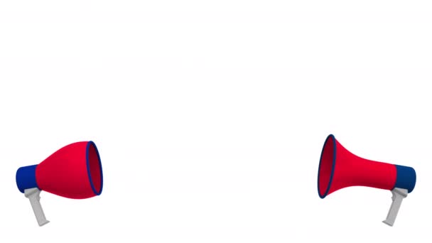 Прапори Домініканської Республіки та Сполученого Королівства на мовній кулі з мегафонів. Міжкультурний діалог або міжнародні розмови пов'язані 3d анімації — стокове відео