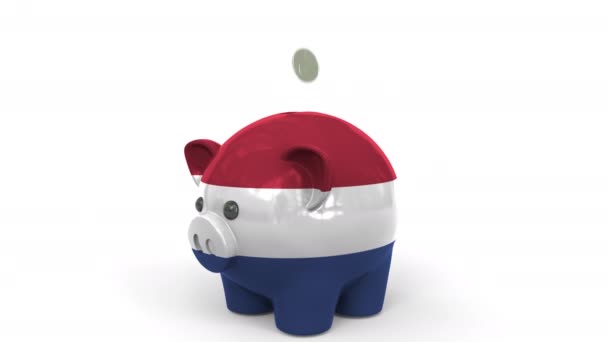 Münzen fallen in Sparschweine, die mit der Flagge der Niederlande bemalt sind. Nationales Bankensystem oder Ersparnisse bezogene konzeptionelle 3D-Animation — Stockvideo
