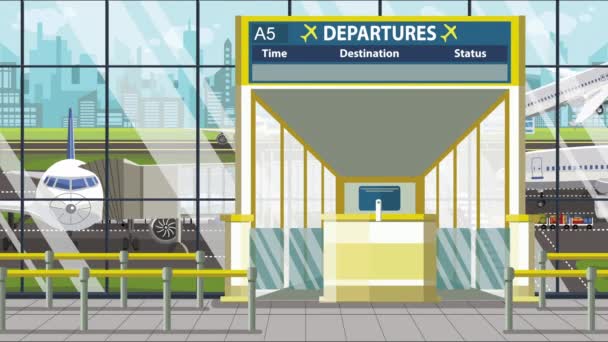 Repülőtéri kapu. Indulás Chicagói szöveggel. Utazás az Egyesült Államokba kapcsolódó loopable rajzfilm animáció — Stock videók