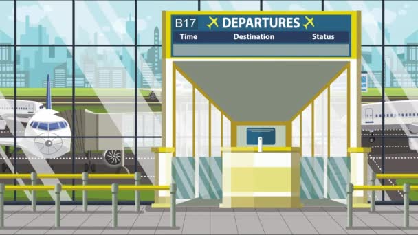 Porte de l'aéroport. Tableau de départ avec texte Cape Town. Voyage en Afrique du Sud liée animation de bande dessinée bouclable — Video