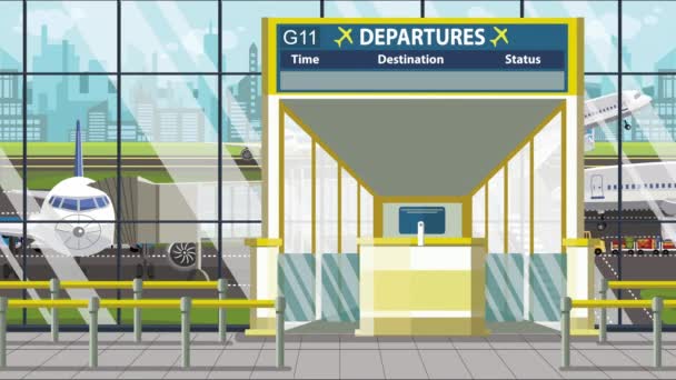 Volo per Boston a bordo aeroporto di partenza. Viaggio negli Stati Uniti animazione a cartoni animati — Video Stock