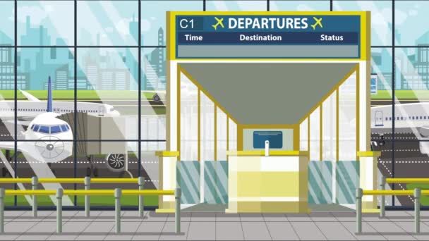 Lufthavnsterminal. Afgangstavle over porten med Abidjan tekst. Rejse til Elfenbenskysten loopable tegneserie animation – Stock-video