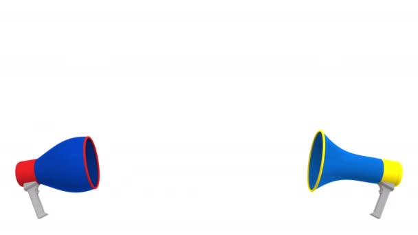 Bandeiras da Ucrânia e a Rússia em balões de discurso de megafones. Diálogo intercultural ou palestras internacionais relacionadas animação 3D — Vídeo de Stock