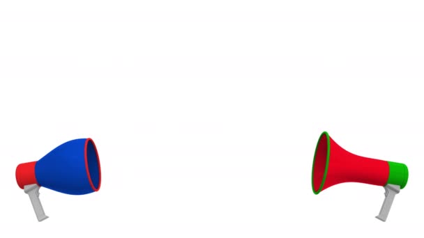 Прапори Оману та Росії на мовну кулю з мегафонів. Міжкультурний діалог або міжнародні розмови пов'язані 3d анімації — стокове відео