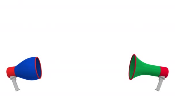 Прапори Кувейту та Росії на мовну кулю з мегафонів. Міжкультурний діалог або міжнародні розмови пов'язані 3d анімації — стокове відео