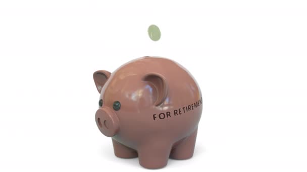 Peníze padají do prasátko banky s textem pro odchod do důchodu. 3D animace související s úsporami — Stock video