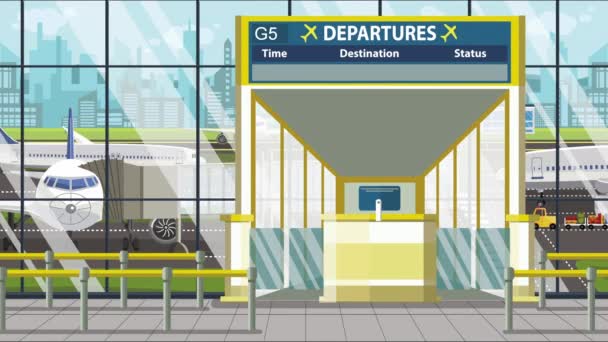 机场候机楼 用卡拉奇文在大门上方离开板。 前往巴基斯坦的易受影响的卡通动画旅行 — 图库视频影像