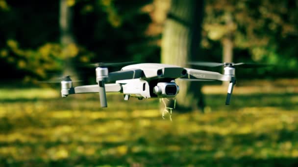 WARSAW, POLONIA - 20 DE OCTUBRE DE 2019. DJI Mavic 2 Pro drone se cierne en el parque, cámara lenta — Vídeo de stock