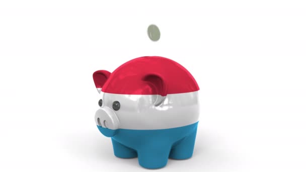 Coins fall into piggy bank painted with flag of Luxembourg. National banking system or savings related conceptual 3D animation — Stockvideo
