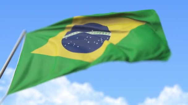 Flying national flag of Brazil, low angle view. Animación Loopable realista en cámara lenta 3D — Vídeos de Stock
