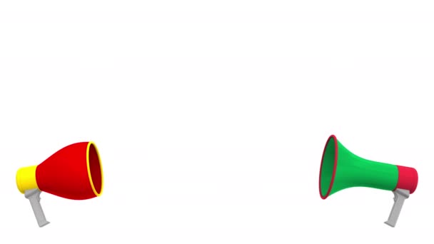 Флаги Италии и Германии на речевых шарах из мегафонов. Межкультурный диалог или международные переговоры о 3D анимации — стоковое видео