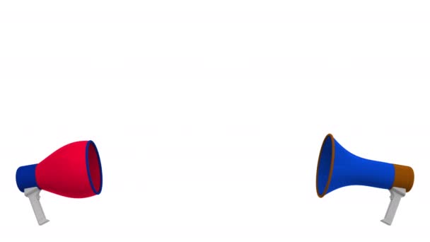 Прапори Уругваю і Великої Британії про мови бульбашки з гучномовцями. Міжкультурний діалог або міжнародні розмови пов'язані 3d анімації — стокове відео