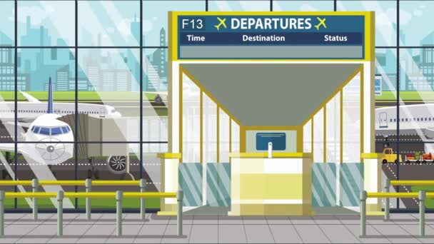 Avgångskort i flygplatsterminalen med Quanzhou bildtext. Resor till Kina loopable tecknad animation — Stockvideo