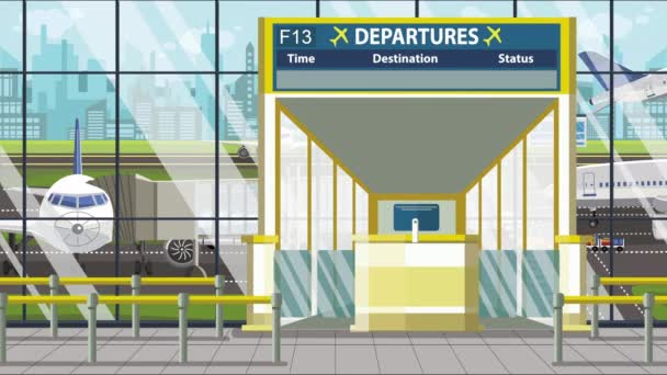机场候机楼的登机板上有蒙特利尔的说明 前往加拿大的易受影响的卡通动画旅行 — 图库视频影像