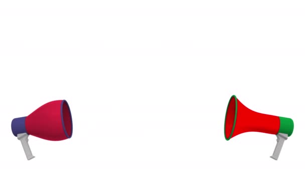 Прапори Уа і Уса на мовній кулі з мегафонів. Міжкультурний діалог або міжнародні розмови пов'язані 3d анімації — стокове відео