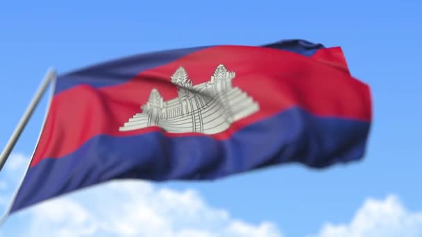 Acenando bandeira nacional do Camboja, visão de baixo ângulo. Loopable realista animação em câmera lenta 3D — Vídeo de Stock