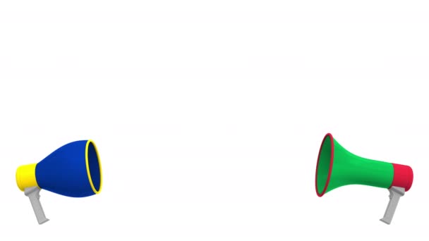 Прапори Італії та Європейського Союзу про мовні кулі з мегафонів. Міжкультурний діалог або міжнародні розмови пов'язані 3d анімації — стокове відео