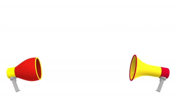 Флаги Румынии и Китая на речевых шарах из мегафонов. Межкультурный диалог или международные переговоры о 3D анимации — стоковое видео