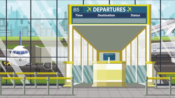 Avgångskort i flygplatsterminalen med San Francisco-bildtext. Resor till USA loopable tecknad animation — Stockvideo