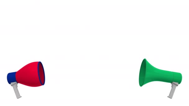 Флаги Нигерии и Великобритании на речевых пузырях с громкоговорителями. Межкультурный диалог или международные переговоры о 3D анимации — стоковое видео