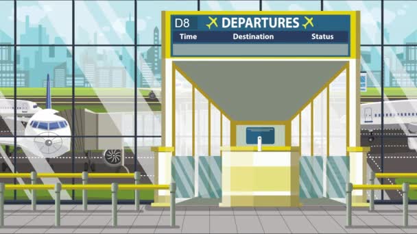Terminal aéroport. Tableau de départ au-dessus de la porte avec le texte de Gênes. Voyage en Italie animation cartoon bouclable — Video