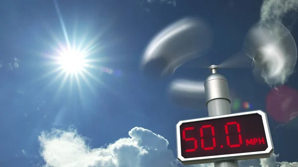 O anemômetro de medição da velocidade do vento mostra 50 mph. Previsão meteorológica renderização 3D relacionada — Fotografia de Stock