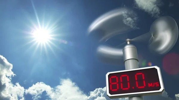 Anemômetro exibe 80 metros por segundo velocidade do vento. Previsão meteorológica renderização 3D relacionada — Fotografia de Stock