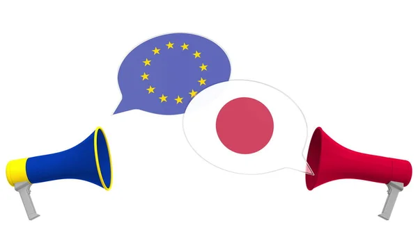 Speech bubbles with flags of Japan and the European Union EU. Intercultural dialogue or international talks related 3D rendering — Stock Photo, Image